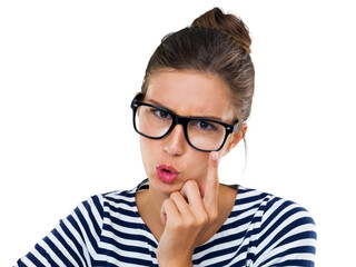 Portrait, confused and glasses with a woman nerd isolated on transparent background in prescription lenses. Face, fashion and doubt with an attractive young female geek on PNG for vision or eyesight