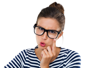 Portrait, confused and glasses with a woman nerd isolated on transparent background in prescription lenses. Face, fashion and doubt with an attractive young female geek on PNG for vision or eyesight