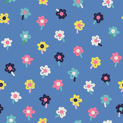 Seamless pattern of simple flowers. Collection of hand drawn natural elements. Bold Florals. Print on a blue background