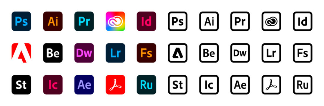 Adobe products logo set. Adobe Photoshop, Adobe Illustrator, Lightroom, Creative Cloud. Adobe programs logotypes collection. Vector