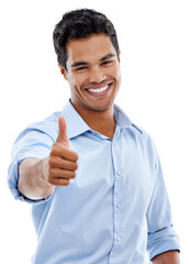 Portrait, thumbs up and smile of business man isolated on a transparent png background. Face, like hand gesture and professional person with emoji for agreement, success and support, yes or thank you