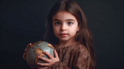 Naklejka premium Girl holding a globe in her hands, retro shades, vintage, generated by AI