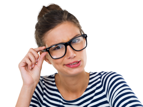 Portrait, doubt and glasses with a woman nerd isolated on transparent background in prescription lenses. Face, fashion and confused with an attractive young female geek on PNG for vision or eyesight - Powered by Adobe