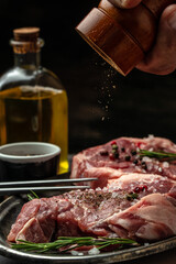 fresh meat with ingredients for cooking on grill pan. Culinary, cooking, bakery concept