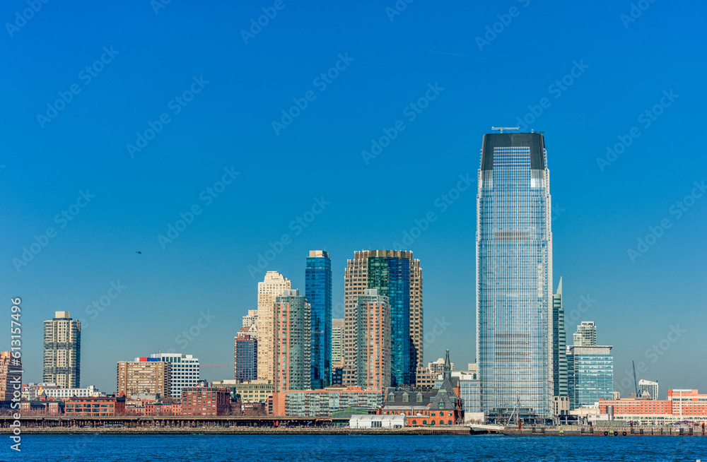 Sticker jersey city cityscape with skyscrapers and pier. nj, usa