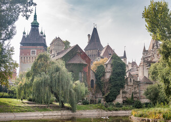 Castle in Heroes Square Palace with flying gull in background, Budapest, Hungary.