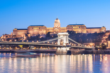 Chain bridge, Danube and Royal Palace in Budapest, Hungary. Evening photo shoot.