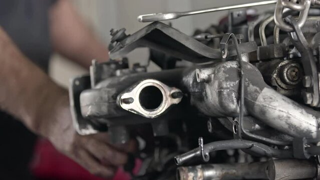 Car Engine Repairs With Tools In Service At Workshop By Craftsmen Footage.