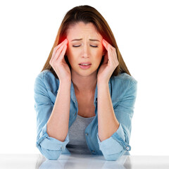 Isolated woman, eyes closed or headache with pain, hands or massage by transparent png background....