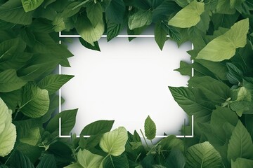 Fototapeta premium Top view of closeup designs of nature frame with decorative plants on green leaf background for spring and summer in forest setting with copy space