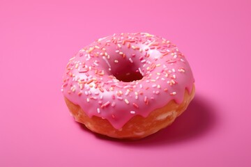 Pink doughnut with sprinkles on pink background | tasty pink glazed doughnut on pink studio backdrop