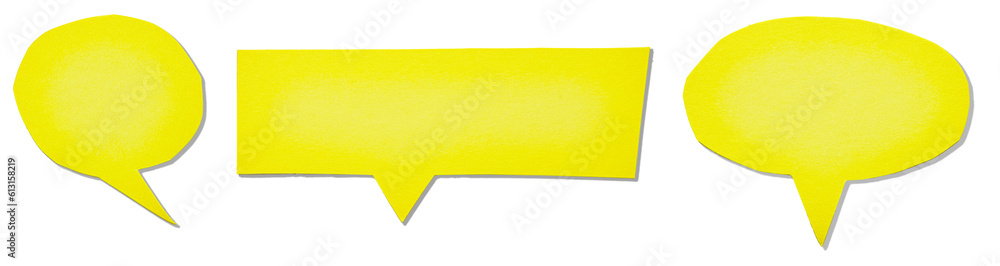 Poster set of blank cut out yellow paper cardboard speech bubbles with drop shadow and copy space for text 