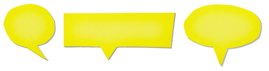 Set of blank cut out yellow paper cardboard speech bubbles with drop shadow and copy space for text...