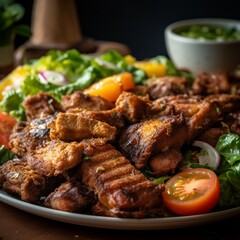 Close-Up Shot of Haitian Griot with Fried Plantains and Salad