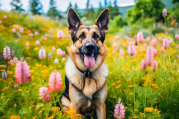 Pet Photography: German Shepherd Surrounded by Beautiful Flowers