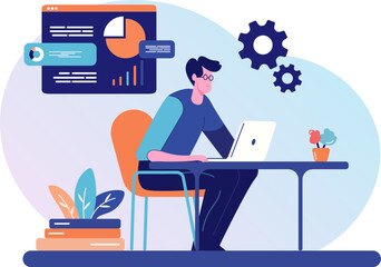 Online education concept. Vector flat illustration. Illustration in flat style with people studying remotely. Students learning online. Vector illustration EPS 10