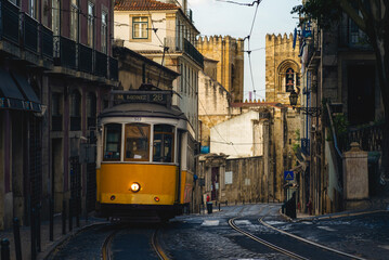 Fototapeta na wymiar classic and touristy route, number 28 tram of lisbon in portugal