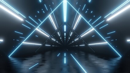 3d rendering of dark abstract sci-fi tunnel, Futuristic triangle spaceship corridor. © nuchao