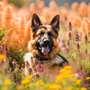 Flower-Filled Landscape: Stunning German Shepherd Photograph