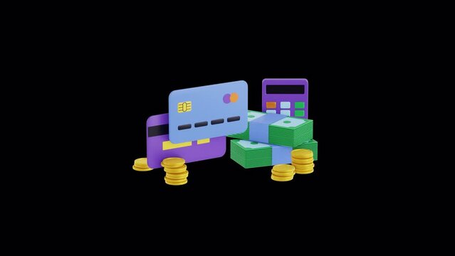 Money, credit cards, Golden coin, dollar bills animation. 3d render, ALPHA channel. Bank service, investment, income, currency concept. finance business profits. Stack of coins, Bundle of money