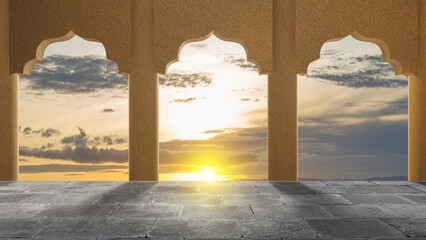 Mosque door arch with landscape view