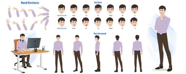 A man modelsheet. man turn around sheet, hand gestures, lip sync