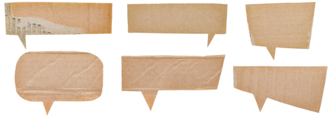 Collection Set Bundle of blank cut out paper corrugated cardboard speech bubbles of rectangular and round shape with copy space for text on transparent or white background