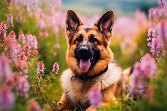 Flower-Filled Landscape: Stunning German Shepherd Photograph