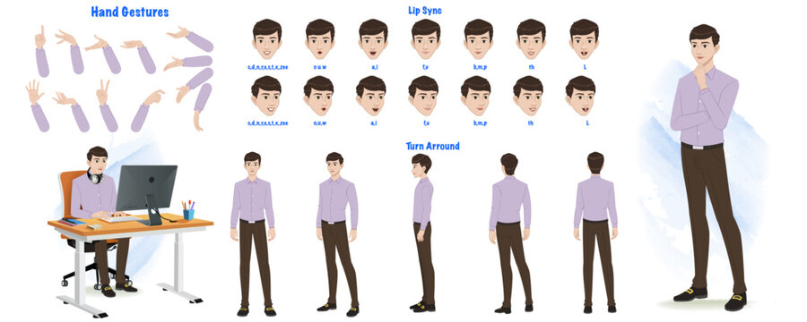 A man modelsheet. man turn around sheet, hand gestures, lip sync