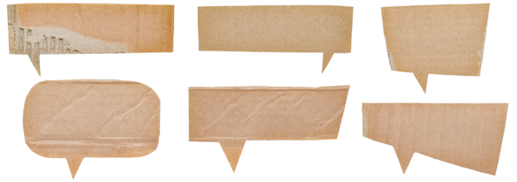 Collection Set Bundle of blank cut out paper corrugated cardboard speech bubbles of rectangular and round shape with copy space for text on transparent or white background