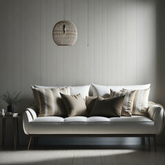 Stylish White Couch with Pillows Clean Interior Resting Place, Soft Natural Light From Window, Side Wood Table Generative AI