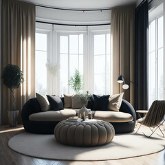 Modern Classic Cozy Living Room Stylish Color Palette, Large Windows Lots Natural Light, Big Sofa With Pillows, Coffee table on Shag Rug Calm Generative AI