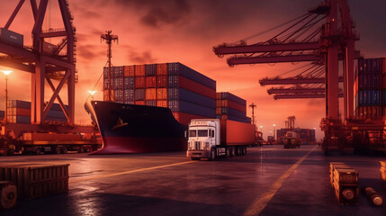 Container truck in ship port for business Logistics and transportation of Container Cargo ship and Cargo plane with working crane bridge in shipyard at sunrise, logistic import export Generative AI - obrazy, fototapety, plakaty