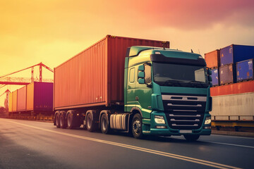 Semi Trailer Trucks Parked Loading at Dock Warehouse. Shipping Cargo Container Delivery Trucks. Loading Distribution Warehouse. Freight Trucks Cargo Transport. Warehouse Logistics. Generative AI