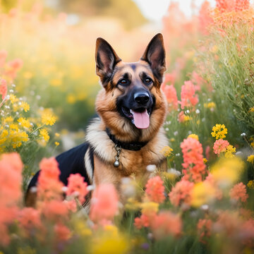 German Shepherd in Flower Field: Captivating Image of a Cute Canine