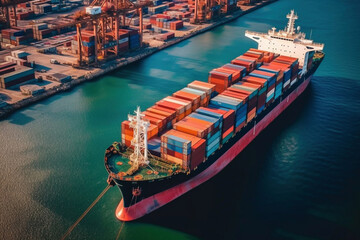 Aerial veaw a Large container ship is leaving the port full loaded with containers and cargo. Generative AI