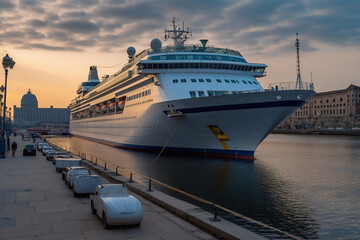 Fototapeta na wymiar Cruise ship at sunrise in the port of Las Palmas de Gran Canaria, Canary Islands, Spain Generative AI