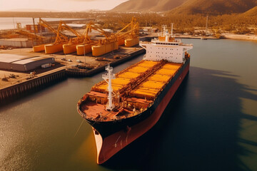Black Sea Grain Initiative 2023 grain Deal. Port cranes loading of grain on a bulk carrier at sunny day. Panoramic shot made by drone Generative AI