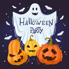 Halloween party ghost poster. Spooky pumpkins and ghosted spirit flat vector background illustration