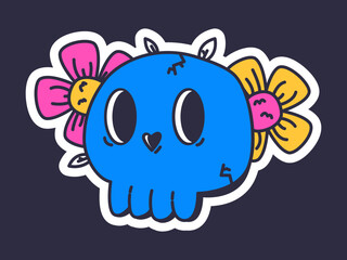 Psychedelic skull patch. Doodle emoji, trippy trendy skull sticker, groovy hallucination element flat vector illustration