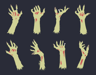Zombie arm set. Halloween monsters bony hands, living dead creepy scrawny hands. Spooky horror zombie hands flat cartoon vector illustration collection