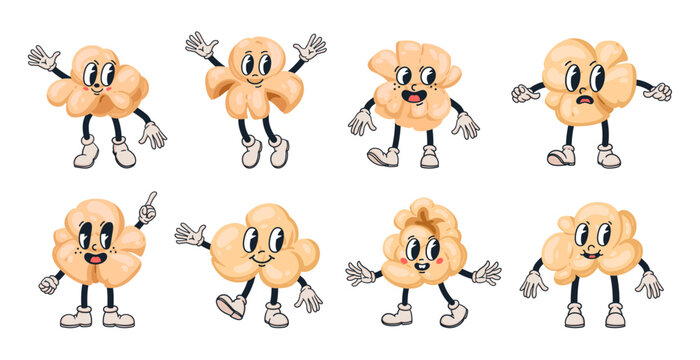 Popcorn characters. Cartoon popping corn cute mascots, funny emotions with eyes and mouths flat vector illustration set