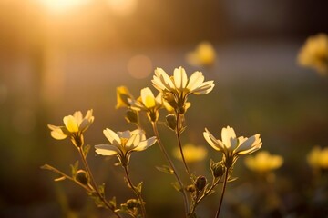 A flower in the morning of spring with golden sunrise, Generative Ai