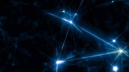 Fototapeta premium Blue glowing grid of artificial network in three-dimensional logic space on microscopic level abstract Plexus elements web. 3D illustration concept banner background for music logic and meditation ban