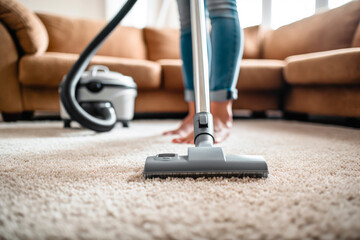 Person Cleaning Carpet With Vacuum Cleaner, Closeup. Housework service. Generative AI - obrazy, fototapety, plakaty