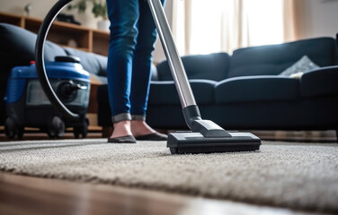 Fototapeta premium Person Cleaning Carpet With Vacuum Cleaner, Closeup. Housework service. Generative AI