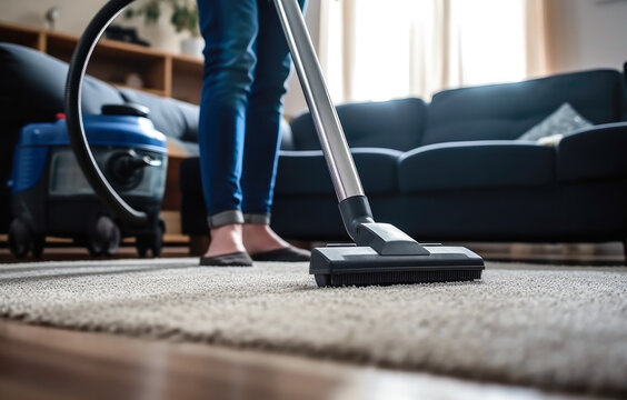 Person Cleaning Carpet With Vacuum Cleaner, Closeup. Housework service. Generative AI
