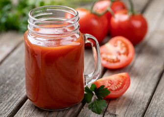 Glass of nutritious tomato juice and fresh tomatoes