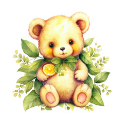 teddy bear with lemon Watercolor Illustration