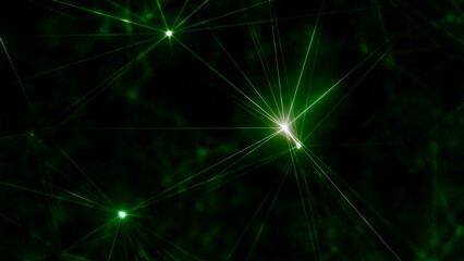 Green Geometric Abstract Glowing Lights Plexus Array in Three-Dimensional Space on Black Background